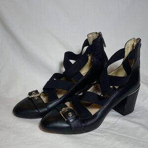 Nine West Andrew Black Leather Block Pumps with Criss-Cross Straps - Women-5.5M